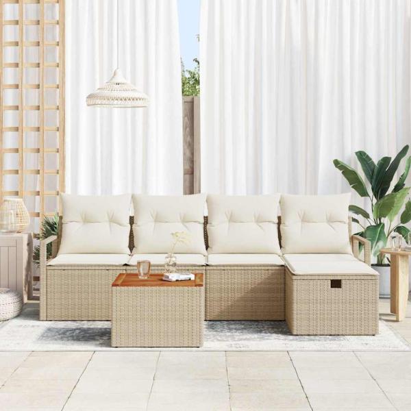 6-teiliges Gartensofa Set mit Kissen Beige Poly Rattan