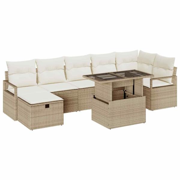 8-Teiliges Garten Sofa Set mit Kissen Beige Poly Rattan