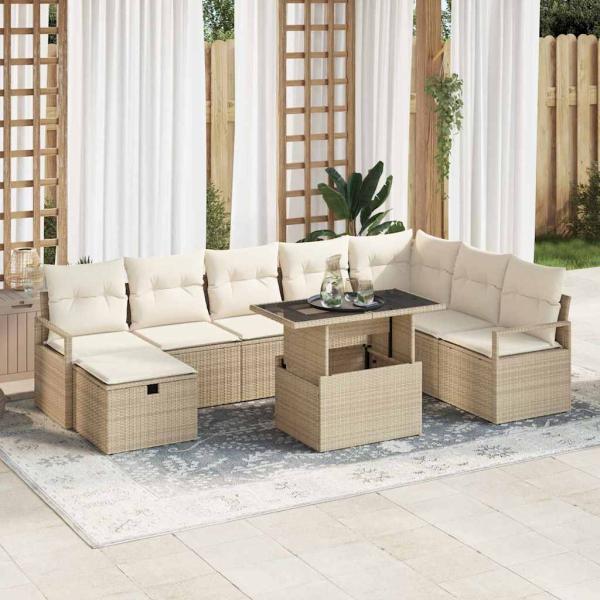 ARDEBO.de - 9-teiliges Garten-Sofa-Set mit Kissen Beige Poly Rattan