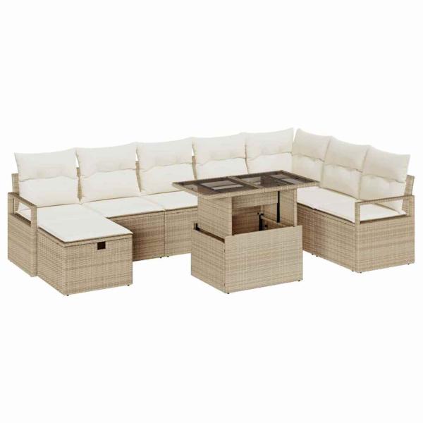 9-teiliges Garten-Sofa-Set mit Kissen Beige Poly Rattan