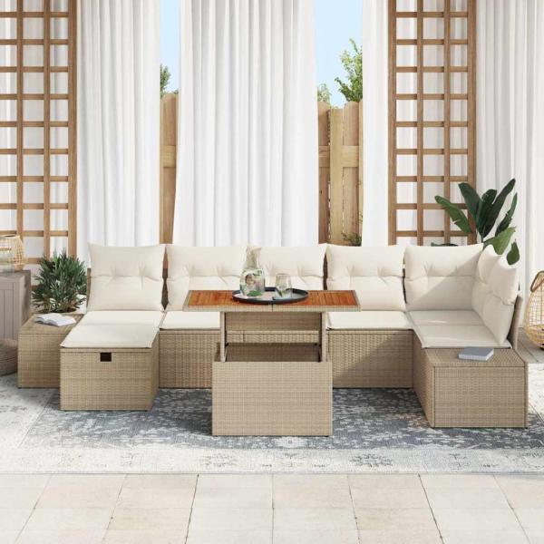 8-tlg. Garten-Essgruppe mit Kissen Beige Poly Rattan Akazie