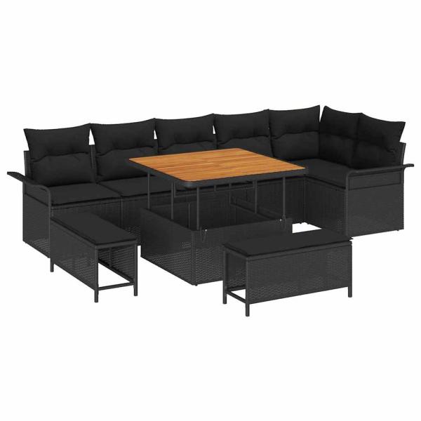 9-teiliges Garten-Sofaset mit Kissen schwarzes Poly-Rattan Akazie