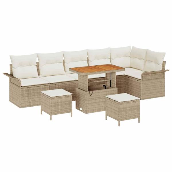 9 teiliges Garten Sofa Set mit Kissen Beige Poly Rattan Akazie