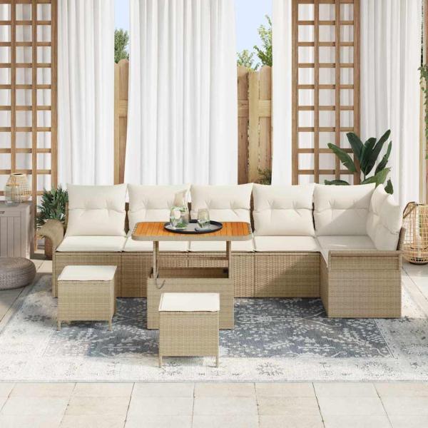 9 teiliges Garten Sofa Set mit Kissen Beige Poly Rattan Akazie