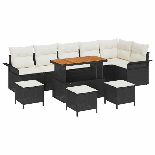 10-teiliges Garten Sofa Set mit Kissen Schwarz Poly Rattan Akazie