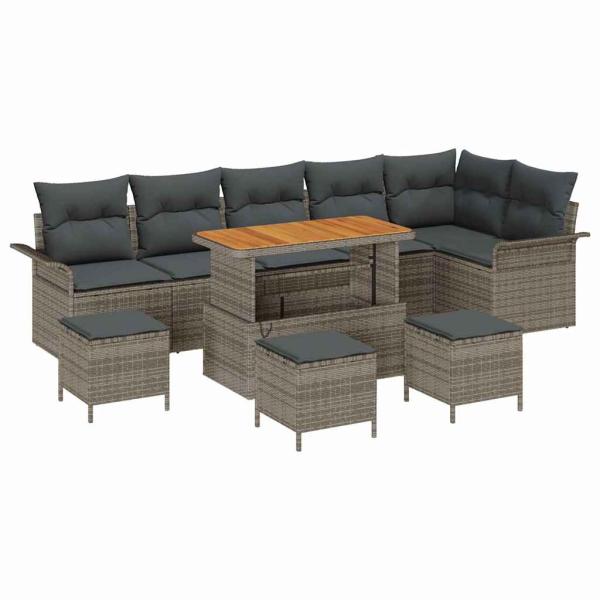 10-teiliges Garten-Sofa-Set mit Kissen in Grau ? Poly Rattan Akazie