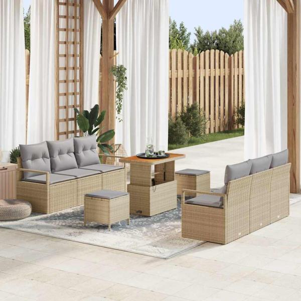 ARDEBO.de - 9-tlg. Garten-Sofagarnitur mit Kissen Beige Poly Rattan Akazie