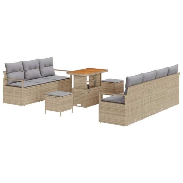 10-teiliges Garten Sofaset mit Kissen Beige Poly Rattan Akazie