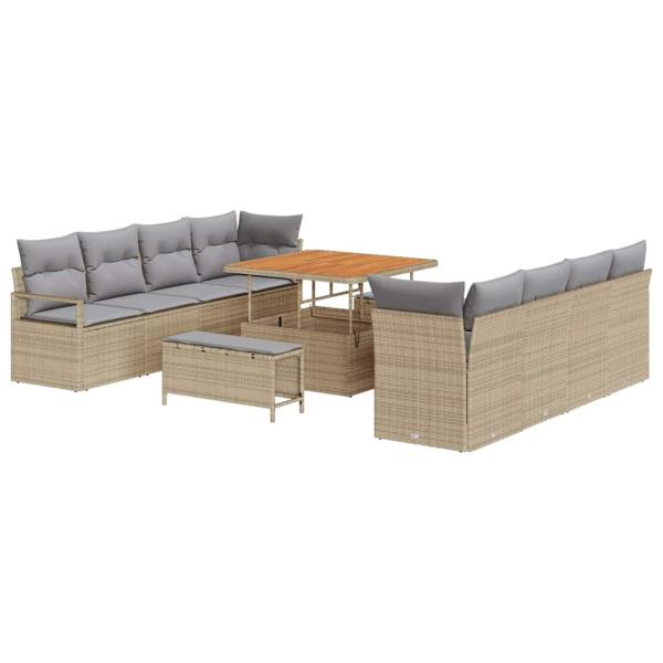11-teiliges Garten-Sofa-Set mit Kissen Beige Poly-Rattan Akazie