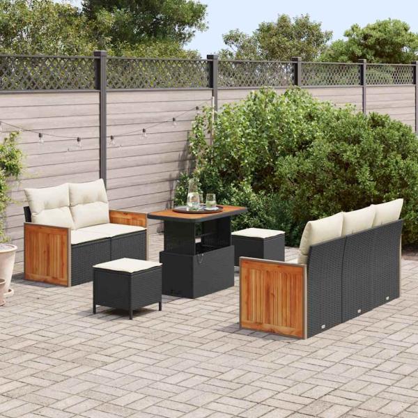 8-tlg. Garten-Sofagarnitur mit Kissen Schwarz Poly Rattan