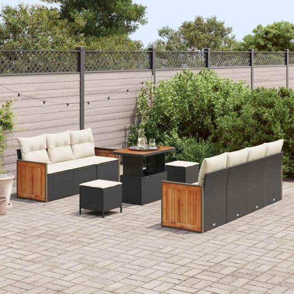 10-teiliges Garten Sofaset mit Kissen Schwarz Poly Rattan Akazie