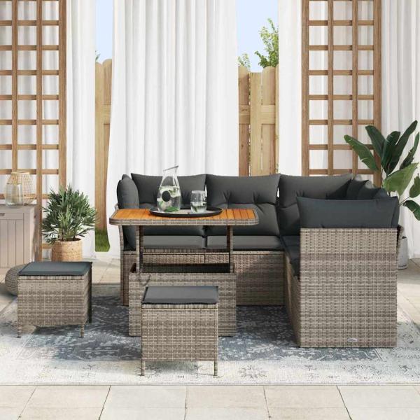 8-teiliges Garten Sofa Set mit Kissen Grau Poly Rattan Akazie