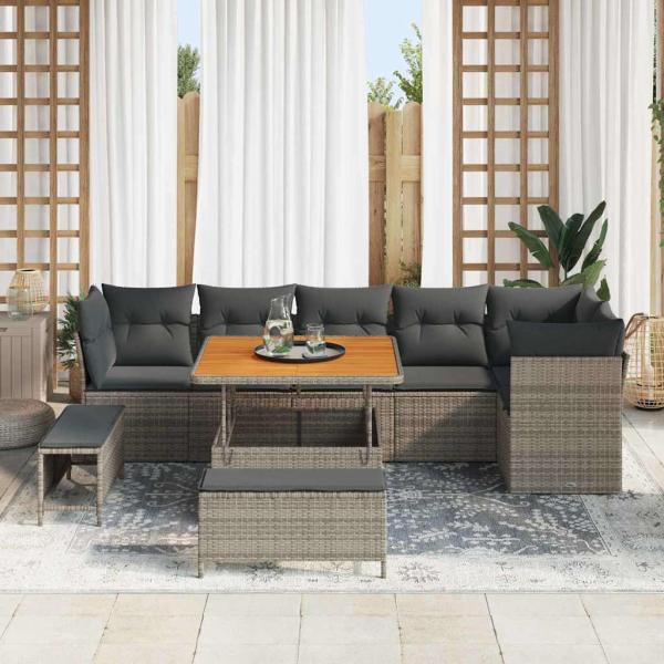 9-teiliges Garten-Sofaset mit Kissen Grau Poly-Rattan Akazie