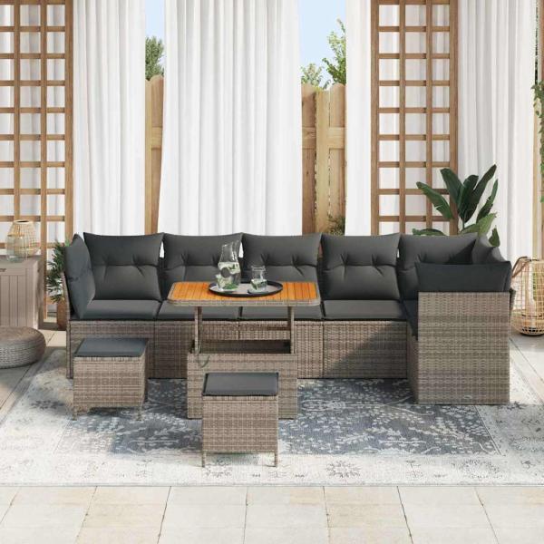 9-teiliges Garten Sofa Set mit Kissen Grau Poly Rattan Akazie