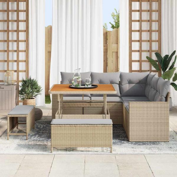 8-teiliges Garten-Sofa-Set mit Kissen Beige Poly Rattan Akazie