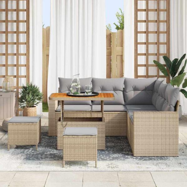 8-teiliges Garten Sofa Set mit Kissen Beige Poly Rattan Akazie