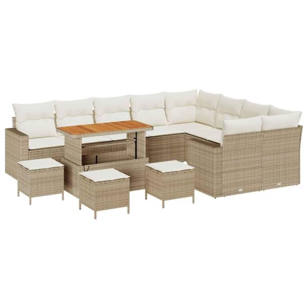 13-teiliges Garten Sofa Set mit Kissen Beige Poly Rattan Akazie