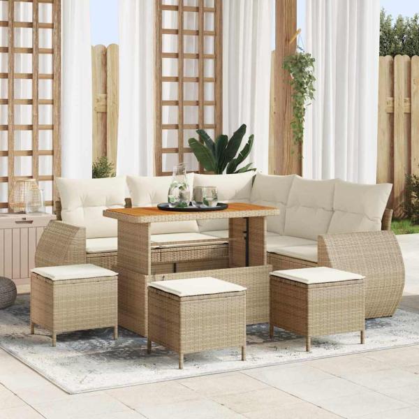 ARDEBO.de - 9-tlg. Garten-Sofagarnitur mit Kissen Beige Poly Rattan Akazie
