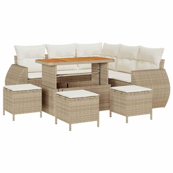 9-tlg. Garten-Sofagarnitur mit Kissen Beige Poly Rattan Akazie