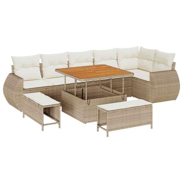 9-teiliges Garten Sofa Set mit Kissen Beige Poly Rattan Akazie