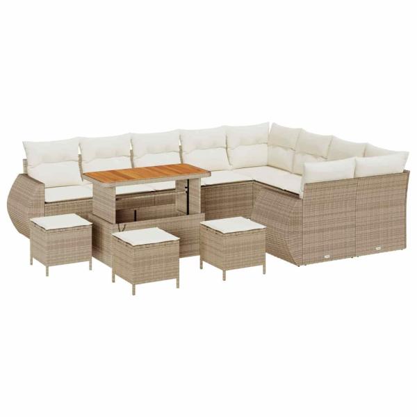 13-tlg. Garten-Sofagarnitur mit Kissen Beige Poly Rattan Akazie
