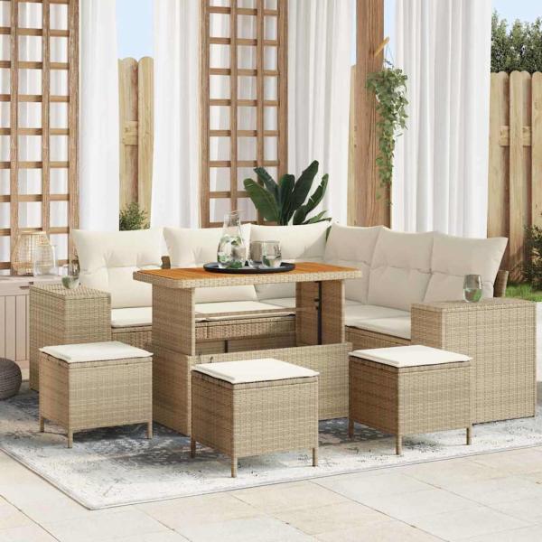 ARDEBO.de - 9-teiliges Garten Sofaset mit Kissen Beige Poly Rattan Akazie