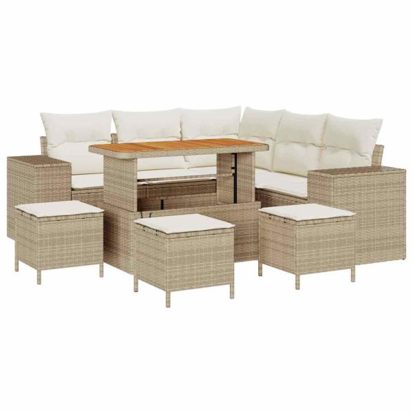 9-teiliges Garten Sofaset mit Kissen Beige Poly Rattan Akazie