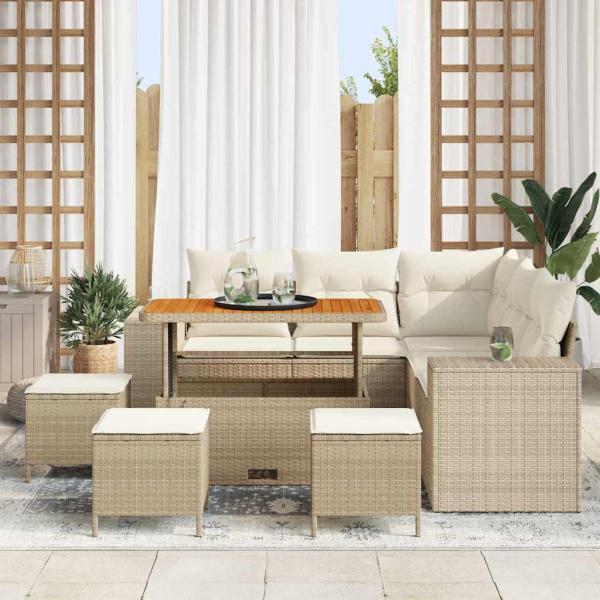 9-teiliges Garten Sofaset mit Kissen Beige Poly Rattan Akazie