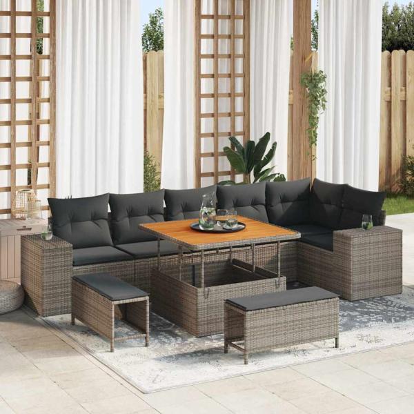 ARDEBO.de - 9-tlg. Garten-Sofagarnitur mit Kissen Grau Poly Rattan Akazie