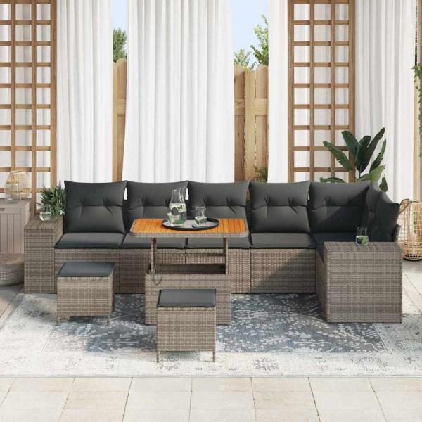9-tlg. Garten-Sofagarnitur mit Kissen Grau Poly Rattan Akazie