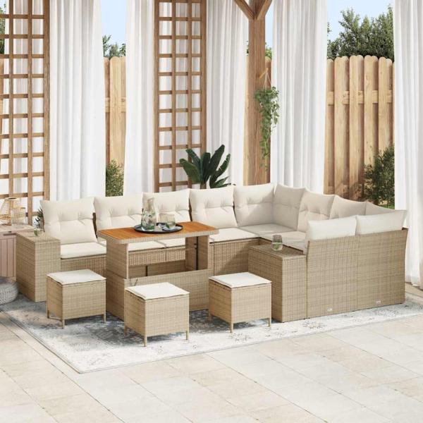 ARDEBO.de - 13-teiliges Garten-Sofa-Set mit Kissen Beige Poly Rattan Akazie