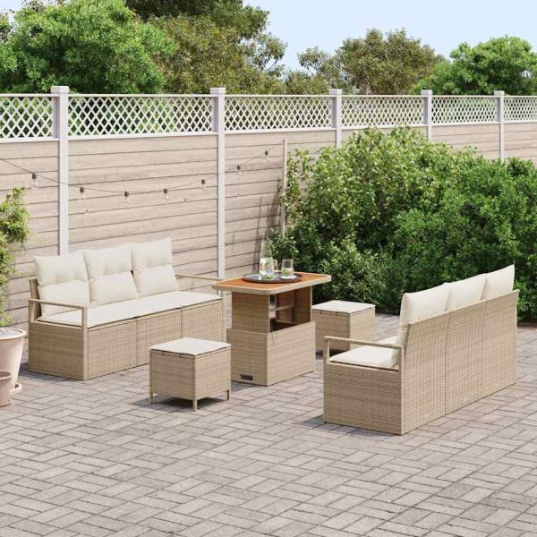9-teiliges Garten Sofa Set mit Kissen Beige Poly Rattan Akazie