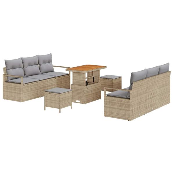 9-teiliges Garten Sofa Set mit Kissen Beige Poly Rattan Akazie