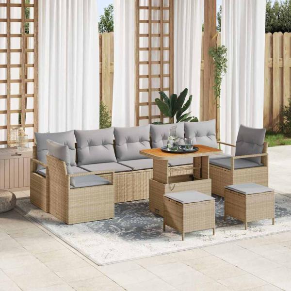 ARDEBO.de - 10-teiliges Garten Sofaset mit Kissen Beige Poly Rattan Akazienholz
