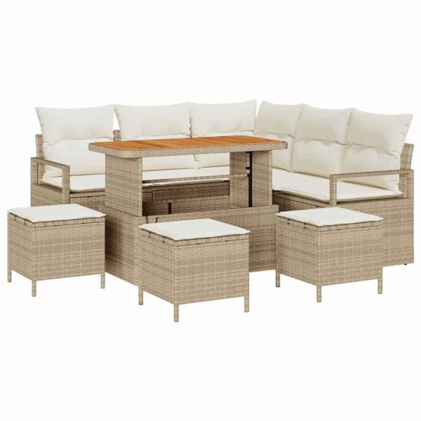 9-teilige Garten Sofa Set mit Kissen Beige Poly Rattan Akazie