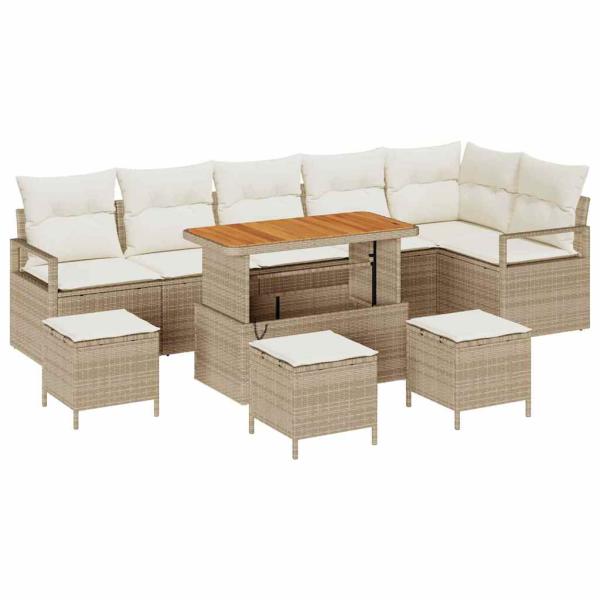 10-teiliges Garten Sofa Set mit Kissen Beige Poly Rattan Akazie
