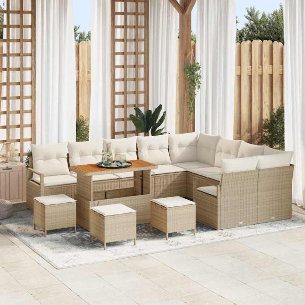 ARDEBO.de - 13-tlg. Garten-Sofagarnitur mit Kissen Beige Poly Rattan Akazie