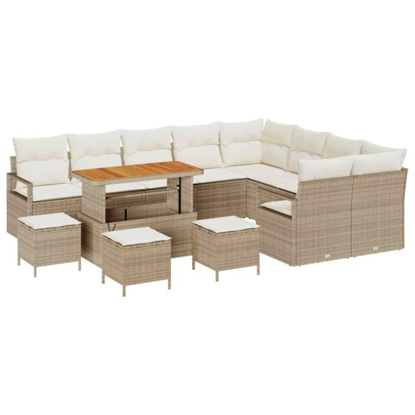 13-tlg. Garten-Sofagarnitur mit Kissen Beige Poly Rattan Akazie