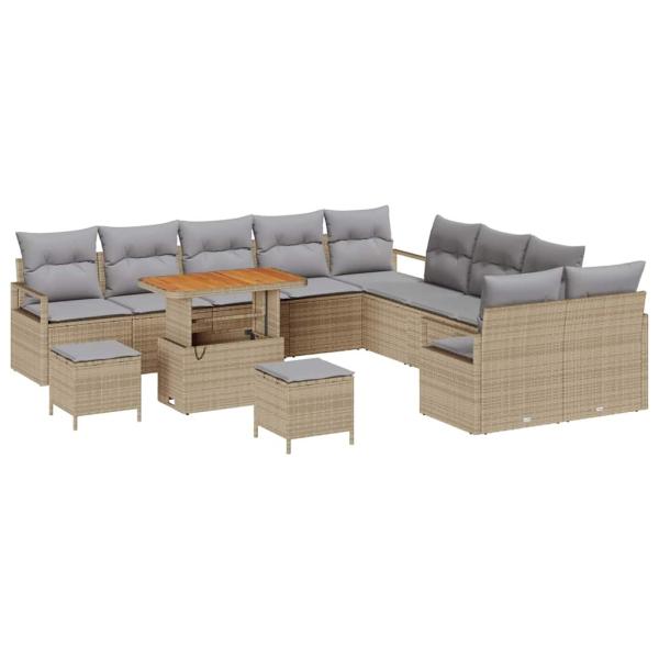 13-teiliges Garten-Sofa-Set mit Kissen Beige Poly-Rattan Akazie