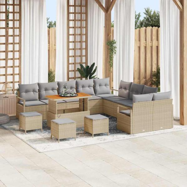 ARDEBO.de - 14-teiliges Gartensofa-Set mit Kissen Beige Poly-Rattan Akazie