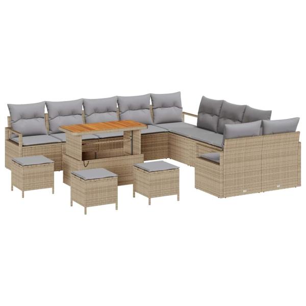 14-teiliges Gartensofa-Set mit Kissen Beige Poly-Rattan Akazie