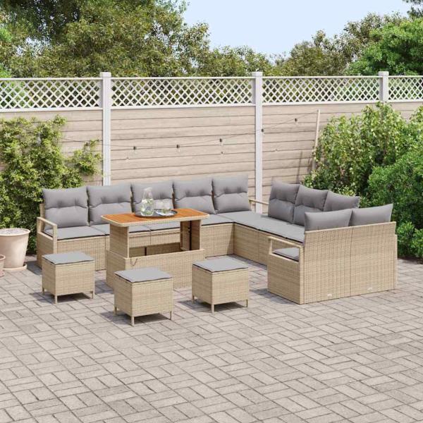 14-teiliges Gartensofa-Set mit Kissen Beige Poly-Rattan Akazie
