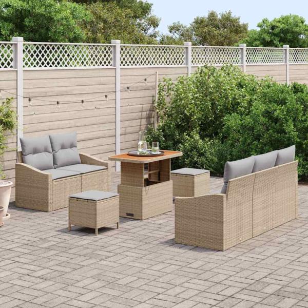 8-teiliges Garten-Sofaset mit Kissen Beiger Poly-Rattan Akazie