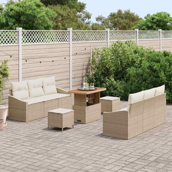 9-teiliges Garten-Sofa-Set mit Kissen Beige Poly Rattan Akazie