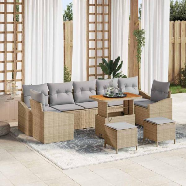 ARDEBO.de - 10-teiliges Garten Sofa Set mit Kissen Beige Poly Rattan Akazie