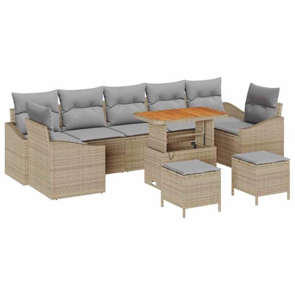 10-teiliges Garten Sofa Set mit Kissen Beige Poly Rattan Akazie