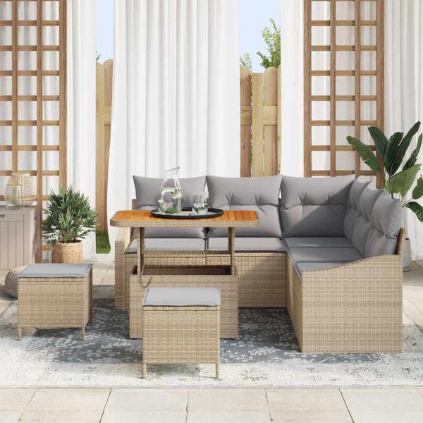 8-tlg. Garten-Sofagarnitur mit Kissen Beige Poly Rattan Akazie