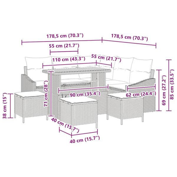 9-tlg. Garten-Sofagarnitur mit Kissen Grau Poly Rattan Akazie