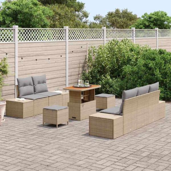 8-teilige Garten Sofa Set mit Kissen Beige Poly Rattan Akazie