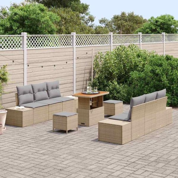 9-tlg. Garten-Sofagarnitur mit Kissen Beige Poly Rattan Akazie
